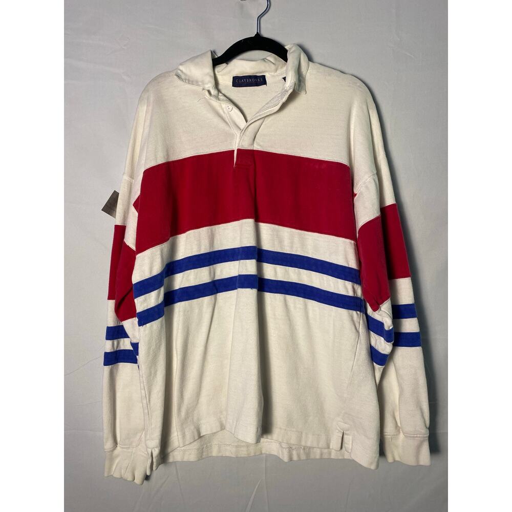 Vintage 90s claybrooke White Red Blue Stripes Rugby Shirt Men's Size Large
